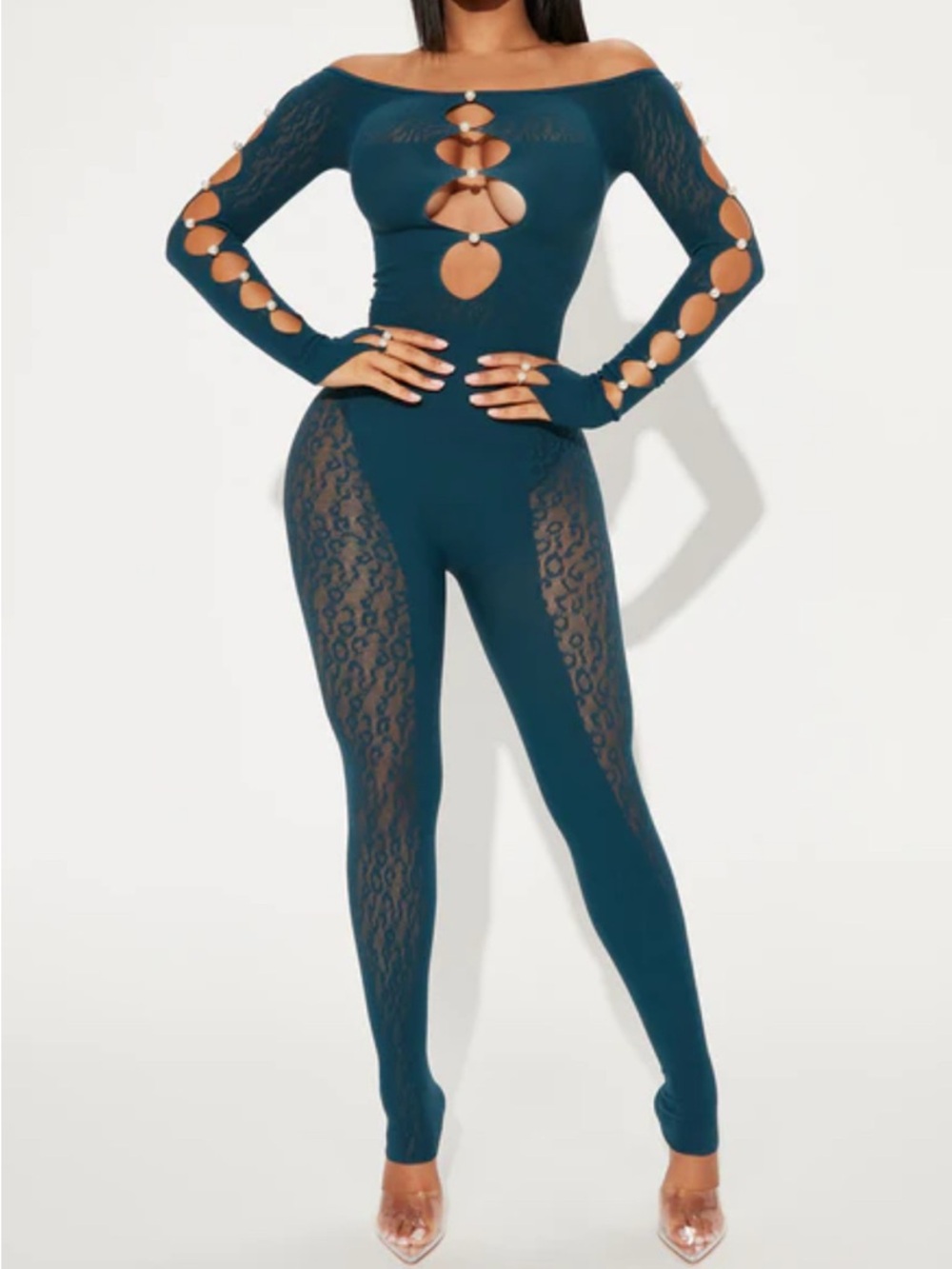 (2) Off-Shoulder Lace-Panel Ring Detail Jumpsuit